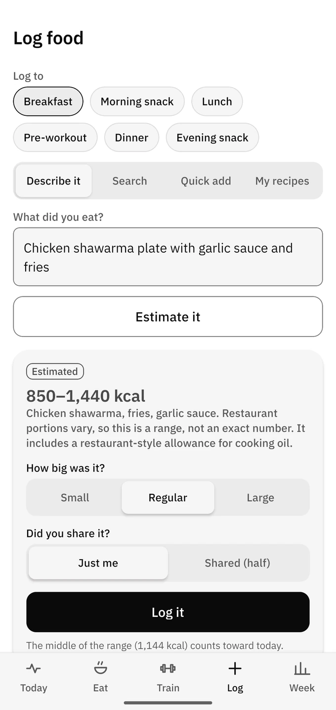 Describing a chicken shawarma plate and getting a calorie range of 850 to 1,440
