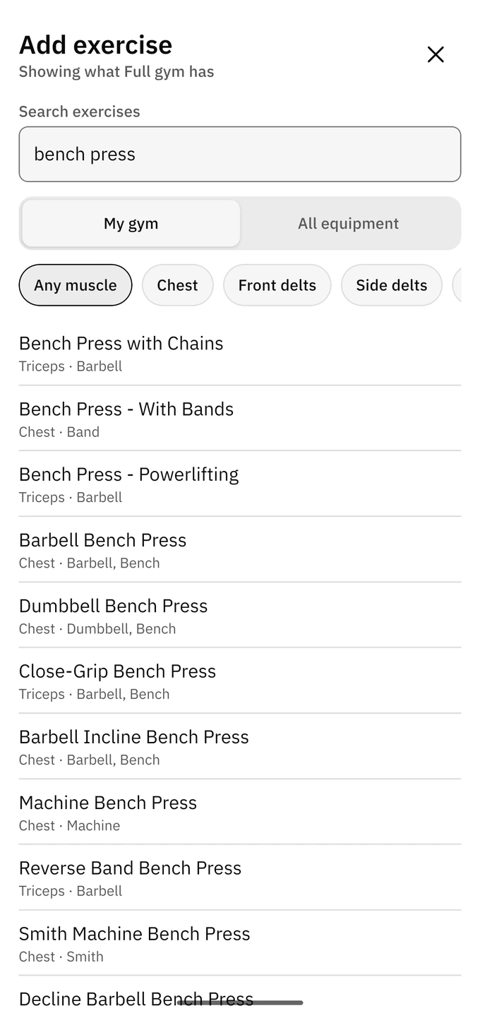 Searching the exercise library for bench press