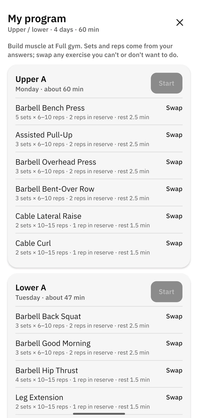 A four day upper and lower program with sets, reps and rest