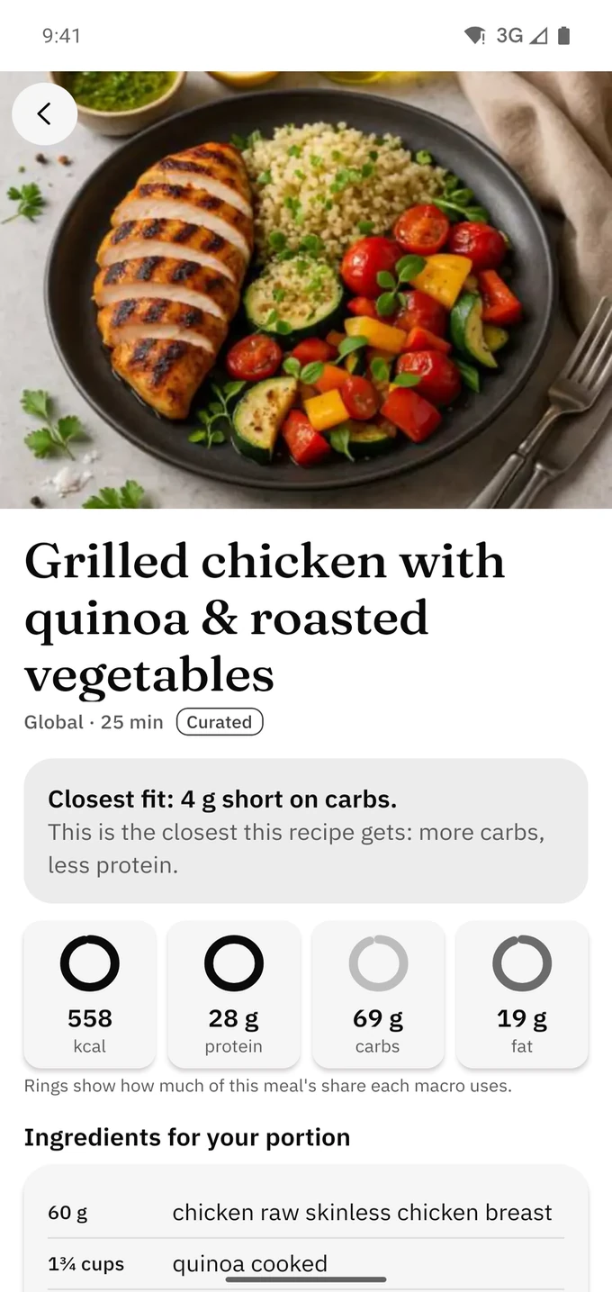 A recipe with its macros and ingredients in kitchen amounts
