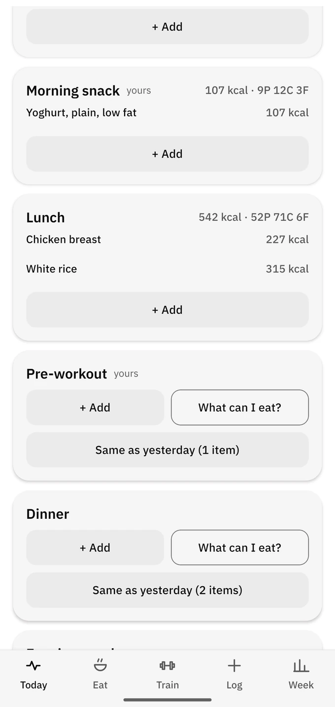 Meals on the Today screen with items and subtotals