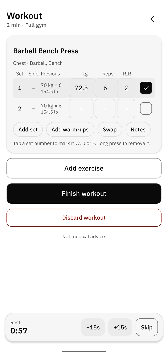 A workout in progress with weight, reps and a rest timer