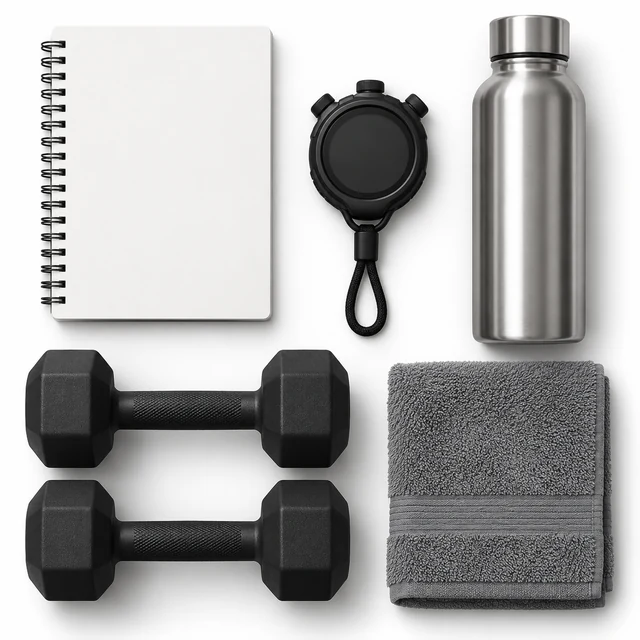 Flat lay of a notebook, stopwatch, water bottle, dumbbells and a towel