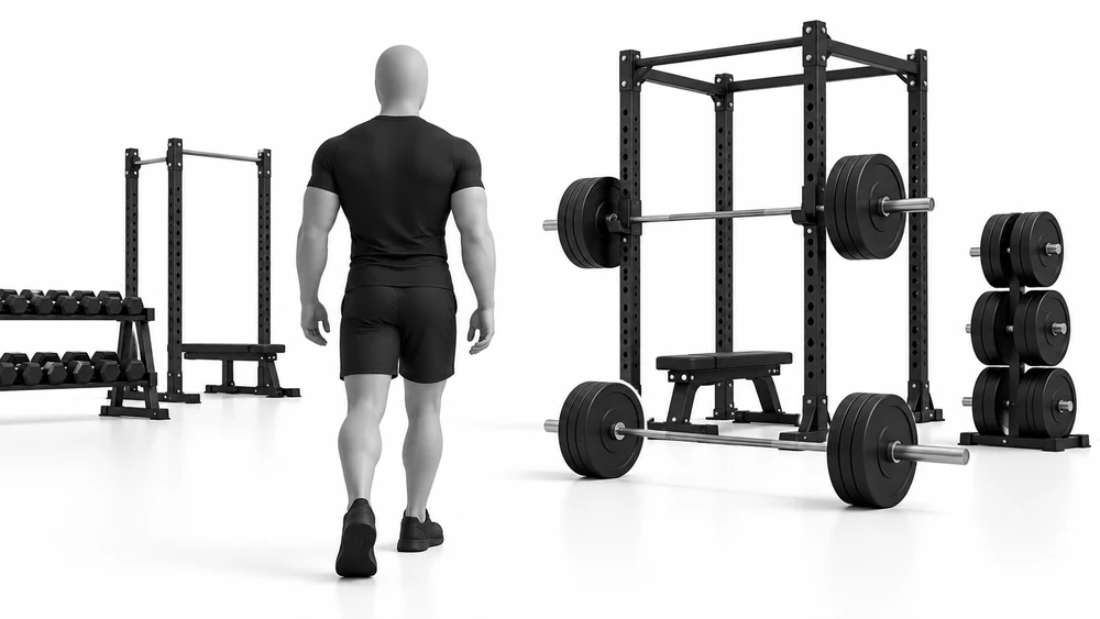 Wide gym scene: a mannequin walks toward a rack, dumbbells and plates